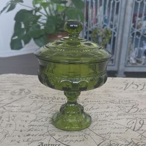 Vintage Indiana Glass King's Crown (Thumbprint) green glass covered candy dish. 